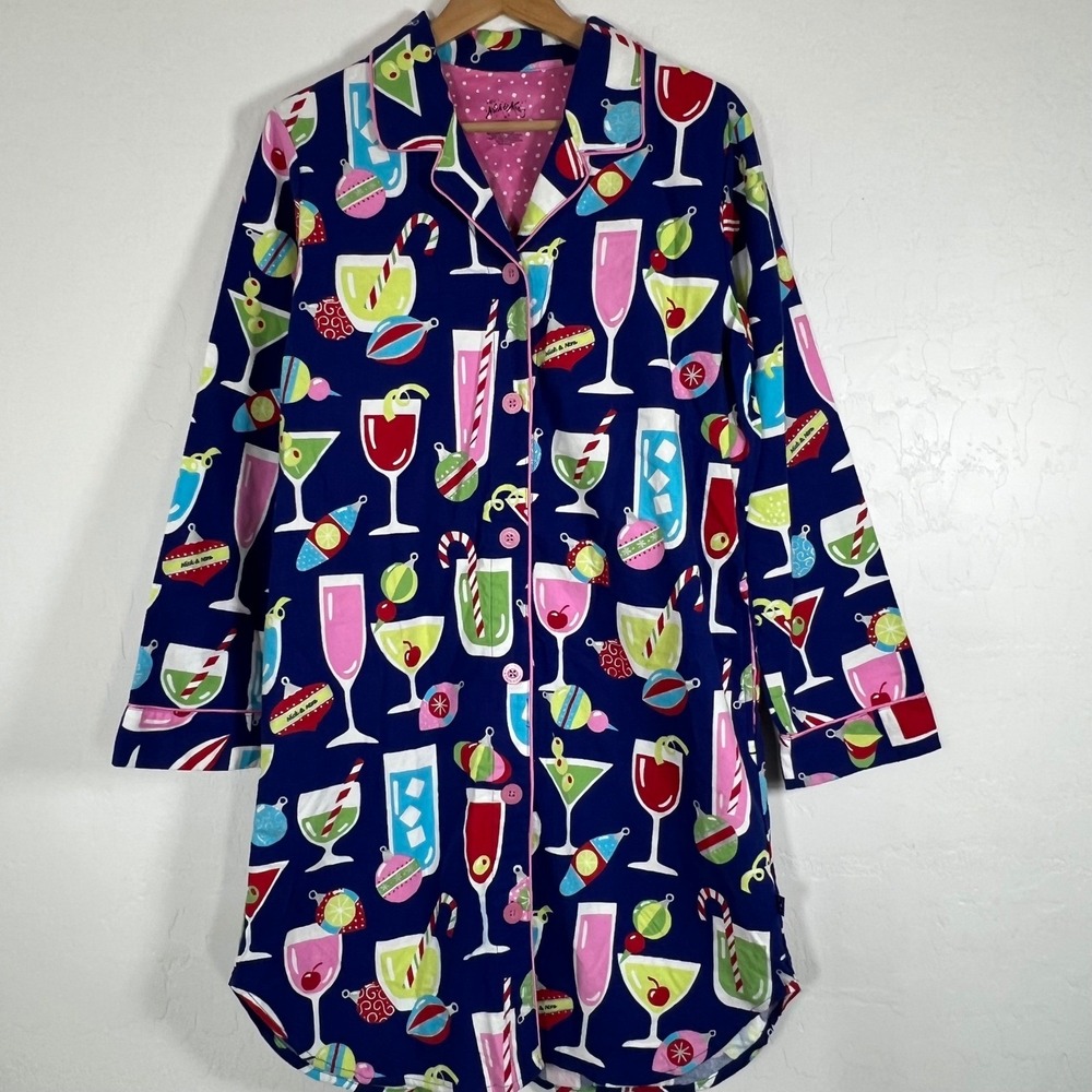 Nick & Nora Christmas cocktail print flannel sleep shirt Size medium